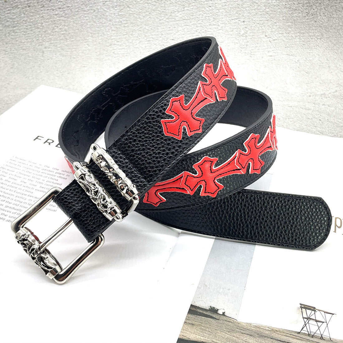 Chh Chrome Heart Belt Colored Cross Flower Lychee Pattern
