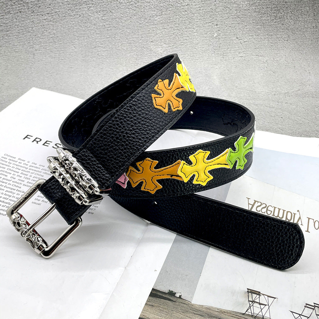 Chh Chrome Heart Belt Colored Cross Flower Lychee Pattern