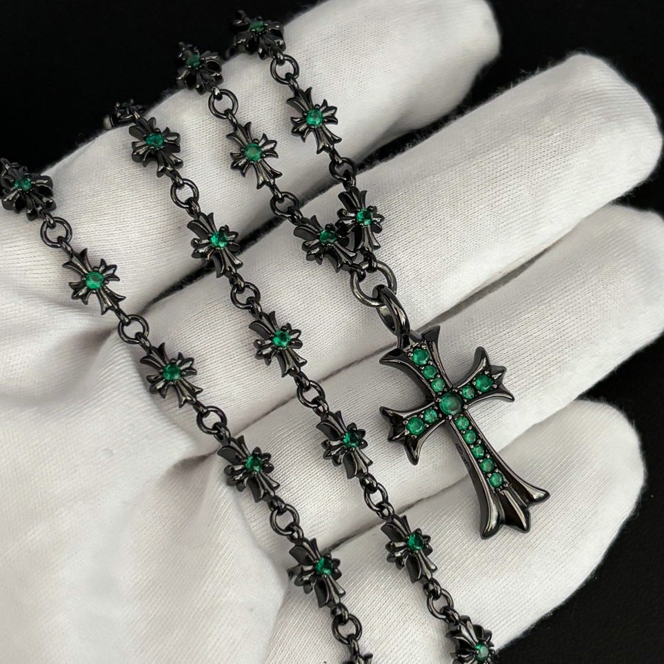 Chrome Hearts black cross inlaid with green zircon necklace