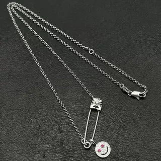 Chrome Hearts silver full diamond smiley face brooch necklace