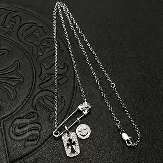Chrome Hearts Silver Tag Smiley Face Diamond-Inlaid Pin Necklace